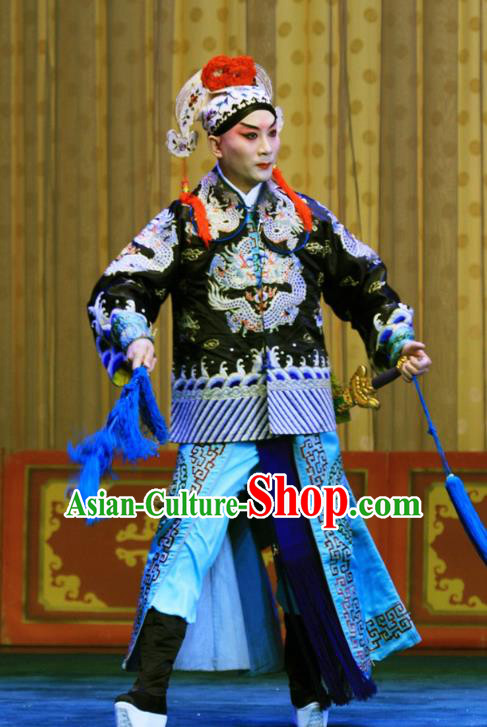 Mu Hu Guan Chinese Peking Opera Martial Male Garment Costumes and Headwear Beijing Opera Wusheng Apparels Soldier Zhang Bao Clothing