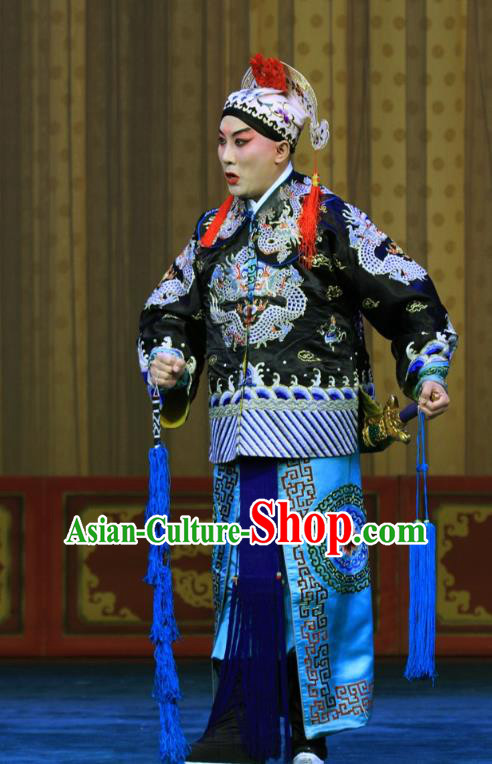 Mu Hu Guan Chinese Peking Opera Martial Male Garment Costumes and Headwear Beijing Opera Wusheng Apparels Soldier Zhang Bao Clothing