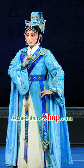 Chinese Beijing Opera Actress Apparels King Zhao Wuling Costumes and Headdress Traditional Peking Opera Hua Tan Blue Dress Queen Wu Wa Garment