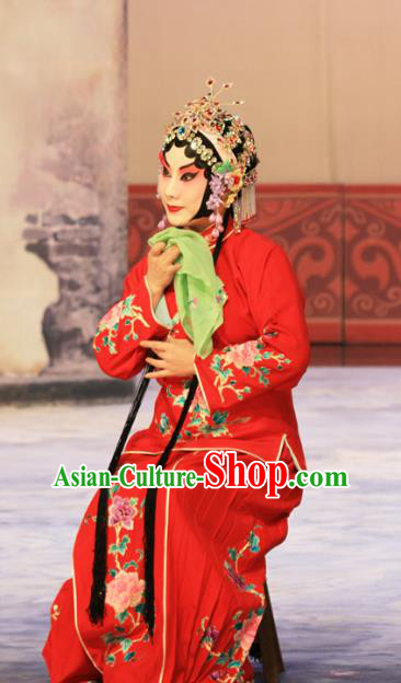 Chinese Beijing Opera Young Lady Apparels Ju Da Gang Costumes and Headdress Traditional Peking Opera Village Girl Red Dress Diva Garment