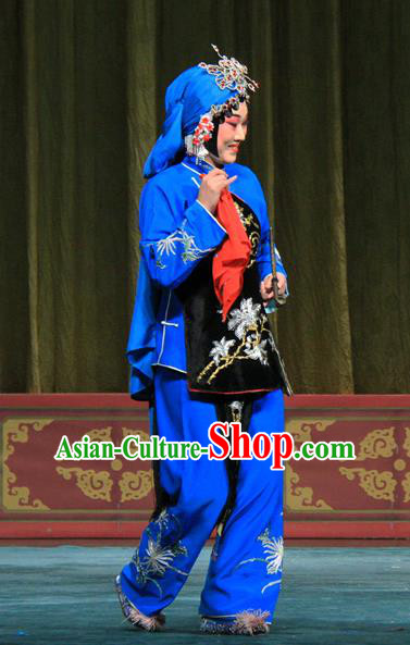 Chinese Beijing Opera Female Apparels Ju Da Gang Costumes and Headdress Traditional Peking Opera Country Woman Blue Dress Garment
