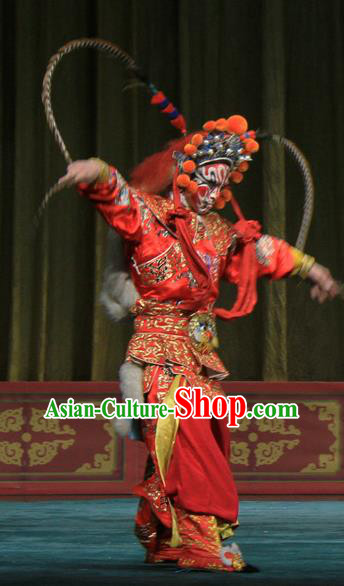 Ju Da Gang Chinese Peking Opera Swordsman Garment Costumes and Headwear Beijing Opera Apparels Martial Male Soldier Red Clothing