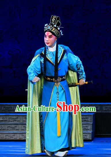 King Zhao Wuling Chinese Peking Opera Prince Zhao Zhang Garment Costumes and Headwear Beijing Opera Young Male Apparels Xiaosheng Blue Clothing