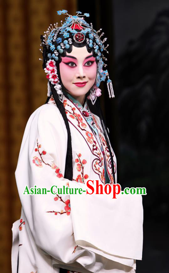 Chinese Beijing Opera Young Female Lin Huiniang Apparels Xiang Luo Belt Costumes and Headdress Traditional Peking Opera Hua Tan White Dress Garment
