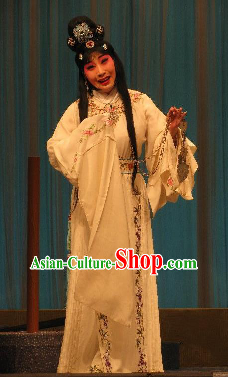 Chinese Beijing Opera Distress Maiden Apparels Fish and Algae Palace Costumes and Headdress Traditional Peking Opera Imperial Consort Qi Ji Dress Actress Garment