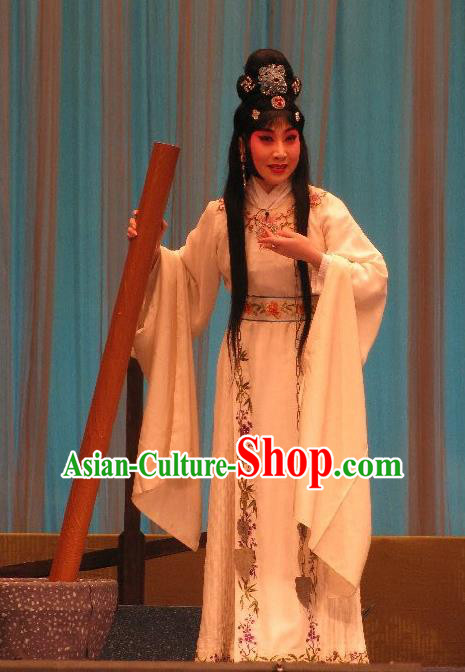 Chinese Beijing Opera Distress Maiden Apparels Fish and Algae Palace Costumes and Headdress Traditional Peking Opera Imperial Consort Qi Ji Dress Actress Garment