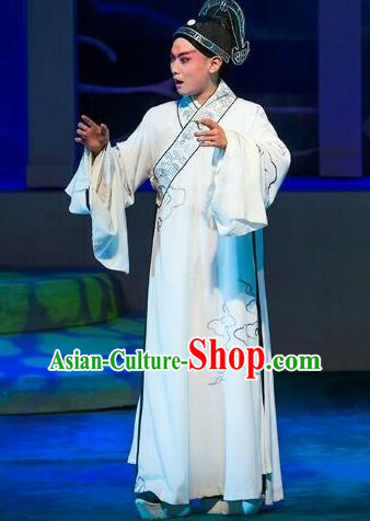 Lan Ruo Wu Geng Chinese Peking Opera Scholar Ning Caichen Garment Costumes and Headwear Beijing Opera Young Male Apparels Xiaosheng Clothing
