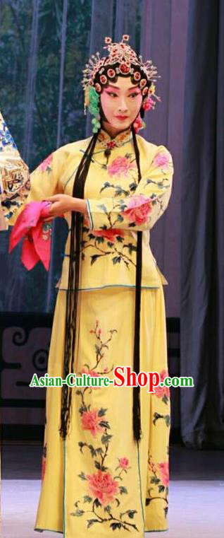 Chinese Beijing Opera Servant Girl Apparels Nan Jie Guan Costumes and Headdress Traditional Peking Opera Maid Lady Yellow Dress Garment