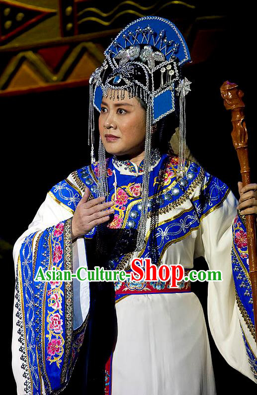 Chinese Beijing Opera Laodan Garment Lu Shui Yi Shan Costumes and Hair Accessories Traditional Peking Opera Elderly Female Dress Pantaloon Meng Qi Apparels