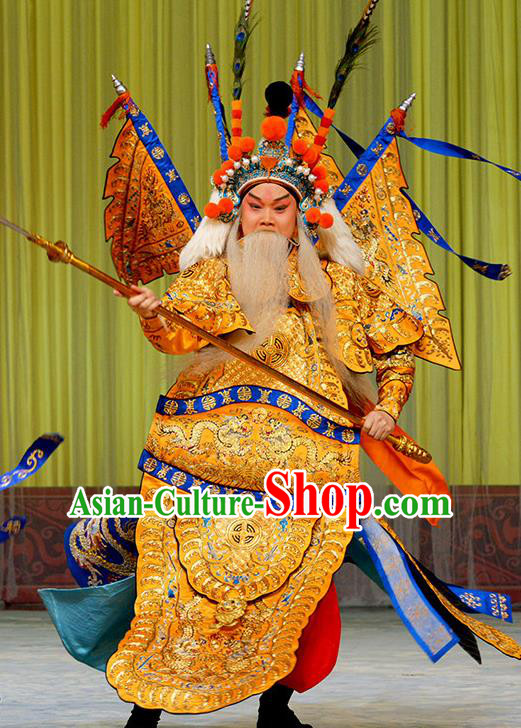 Zhu Lian Zhai Chinese Peking Opera Laosheng Apparels Costumes and Headpieces Beijing Opera Elderly Male Garment General Li Keyong Kao Clothing with Flags