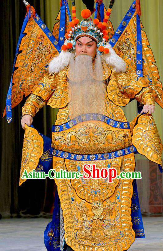 Zhu Lian Zhai Chinese Peking Opera Laosheng Apparels Costumes and Headpieces Beijing Opera Elderly Male Garment General Li Keyong Kao Clothing with Flags