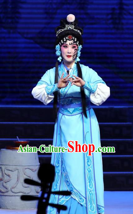 Chinese Beijing Opera Country Woman Apparels Qi Nv Wu Rong Costumes and Headdress Traditional Peking Opera Female Swordsman Blue Dress Garment