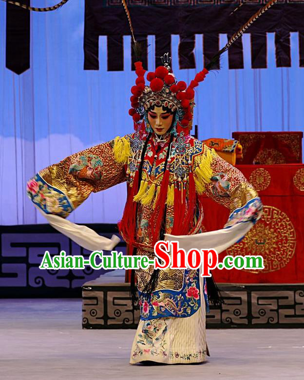 Chinese Beijing Opera Tao Ma Tan Apparels Zhan Hong Zhou Costumes and Headdress Traditional Peking Opera Blues Dress Martial Female Mu Guiying Garment