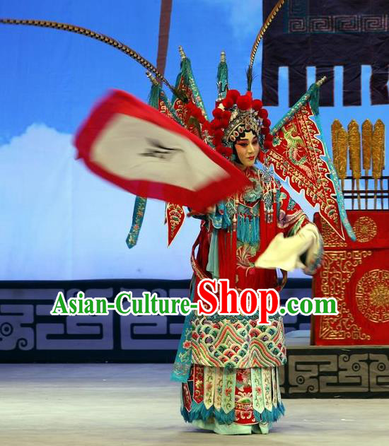 Chinese Beijing Opera Female General Mu Guiying Apparels Zhan Hong Zhou Costumes and Headdress Traditional Peking Opera Blues Dress Tao Ma Tan Garment