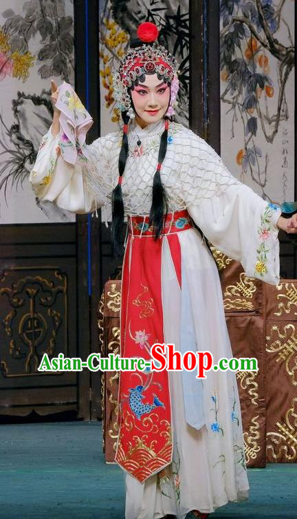 Chinese Beijing Opera Young Female Apparels Gai Rong Zhan Fu Costumes and Headdress Traditional Peking Opera Hua Tan Dress Diva Wan Xiangyou Garment
