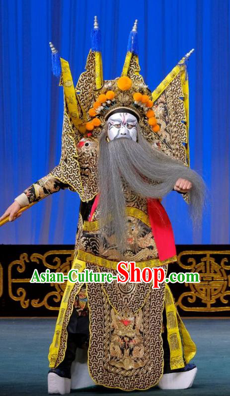 Gai Rong Zhan Fu Chinese Peking Opera General Armor Garment Costumes and Headwear Beijing Opera Kao Apparels Military Officer Han Rong Clothing with Flags