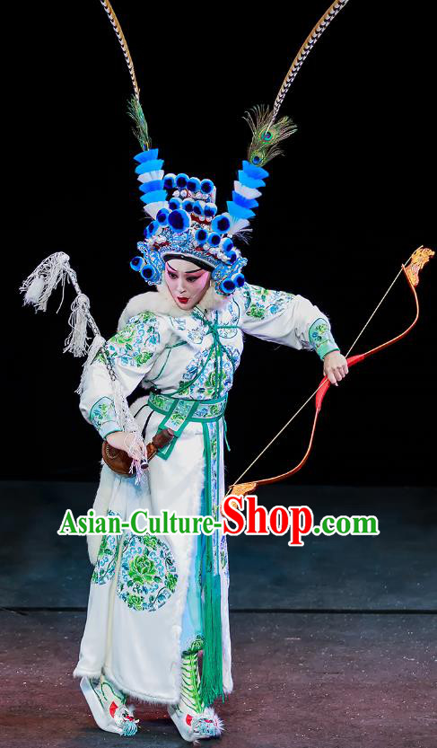 Chinese Beijing Opera Female Swordsman Apparels Chun Ri Yan Costumes and Headdress Traditional Peking Opera Martial Woman Dress Princess Yi Lan Garment