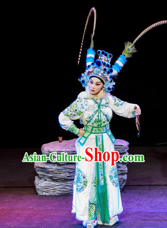 Chinese Beijing Opera Female Swordsman Apparels Chun Ri Yan Costumes and Headdress Traditional Peking Opera Martial Woman Dress Princess Yi Lan Garment