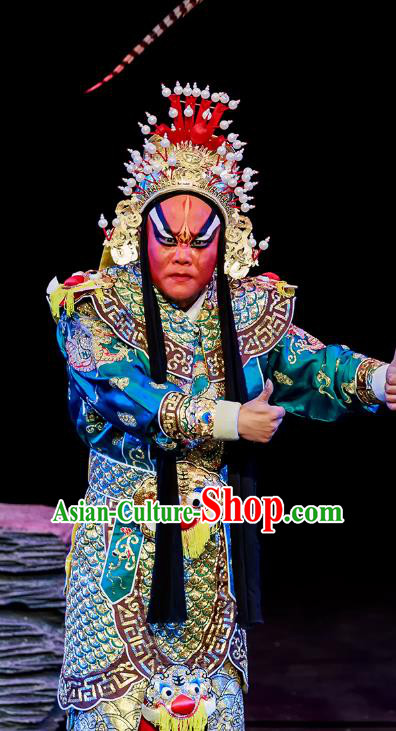 Chun Ri Yan Chinese Peking Opera Martial Male Garment Costumes and Headwear Beijing Opera Wusheng Apparels General Fan Sheng Armor Clothing