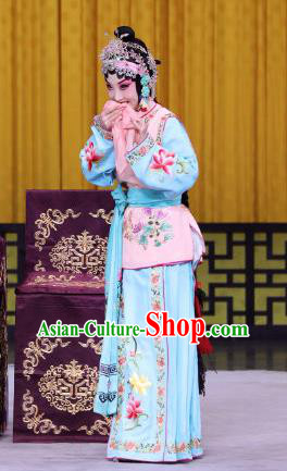 Chinese Beijing Opera Young Lady Apparels Pu Qiu Mountain Costumes and Headdress Traditional Peking Opera Xiaodan Dress Cai Jinhua Garment