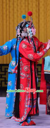 Chinese Beijing Opera Xiaodan Apparels Pu Qiu Mountain Costumes and Headdress Traditional Peking Opera Young Lady Dress Servant Girl Red Garment
