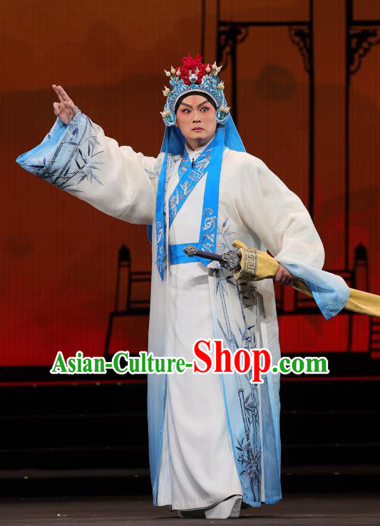 Mei Hua Zan Chinese Peking Opera Xiaosheng Garment Costumes and Headwear Beijing Opera Martial Male Apparels Swordsman Li Liangchuan Clothing