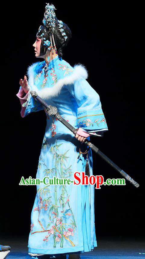 Chinese Beijing Opera Hua Tan Apparels Mei Hua Zan Costumes and Headdress Traditional Peking Opera Princess Blue Dress Actress Garment
