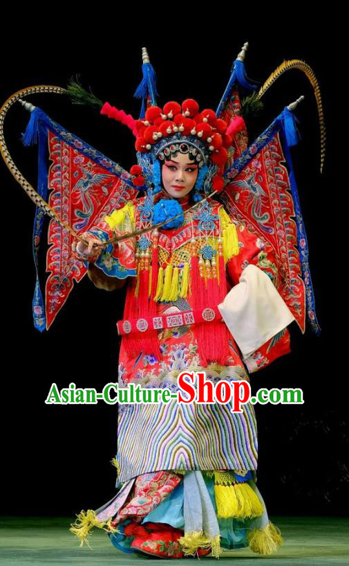 Chinese Beijing Opera Female General Apparels Fan Jiang Guan Costumes and Headdress Traditional Peking Opera Tao Ma Tan Red Dress Fan Lihua Armor Garment with Flags