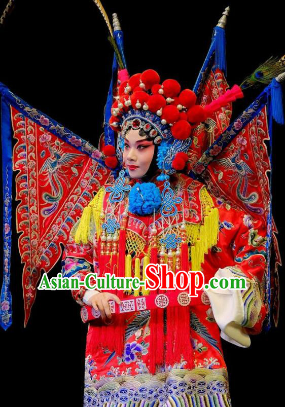 Chinese Beijing Opera Female General Apparels Mei Hua Zan Costumes and Headdress Traditional Peking Opera Tao Ma Tan Red Dress Fan Lihua Armor Garment with Flags