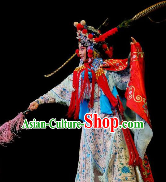 Chinese Beijing Opera Female Swordsman Apparels Mei Hua Zan Costumes and Headdress Traditional Peking Opera Martial Female Xue Jinlian Dress Armor Garment