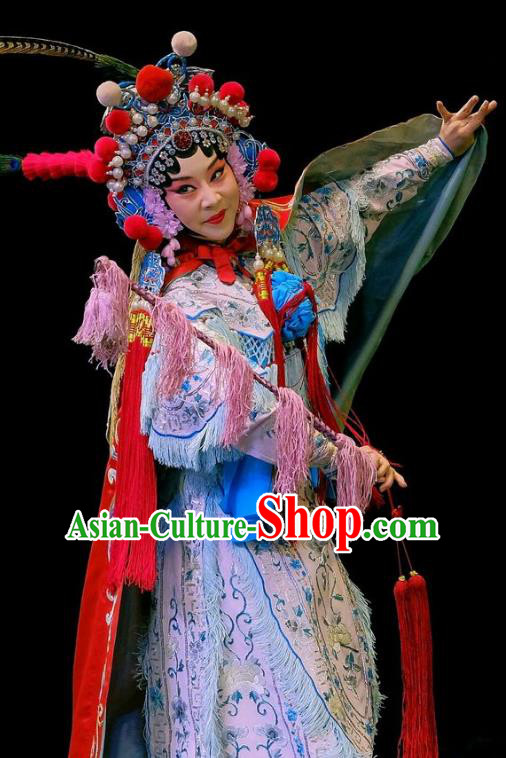 Chinese Beijing Opera Female Swordsman Apparels Mei Hua Zan Costumes and Headdress Traditional Peking Opera Martial Female Xue Jinlian Dress Armor Garment