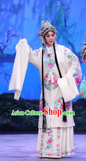 Chinese Beijing Opera Diva Bai Suzhen Apparels You Hu Costumes and Headdress Traditional Peking Opera Hua Tan Dress Young Female White Garment
