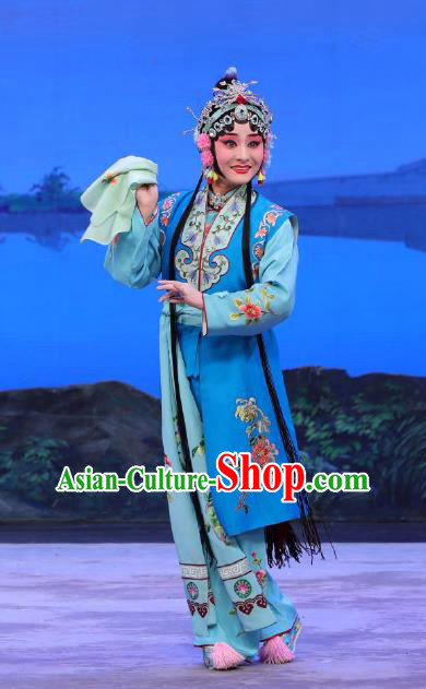 Chinese Beijing Opera Xiaodan Apparels You Hu Costumes and Headdress Traditional Peking Opera Young Lady Blue Dress Maidservant Xiao Qing Garment