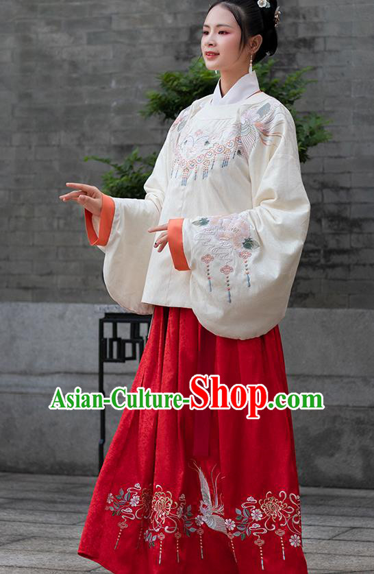 Traditional Chinese Ancient Civilian Lady Embroidered Hanfu Dress Garment Ming Dynasty Historical Costumes Blouse and Skirt Complete Set