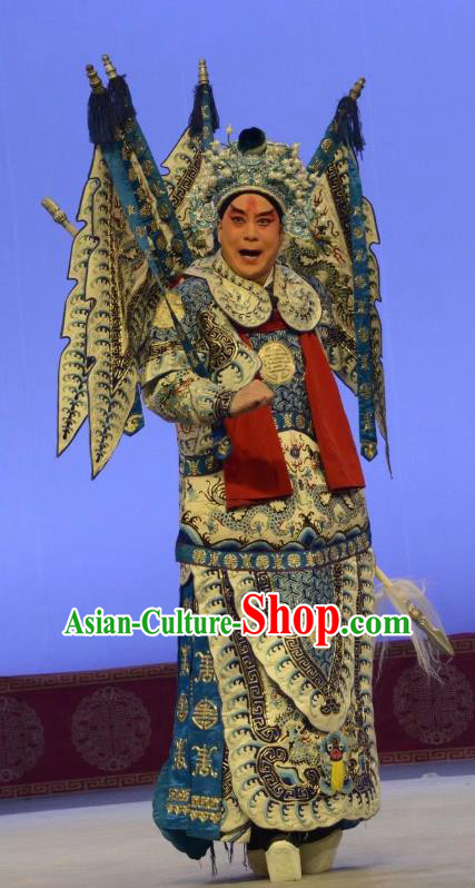 Shen Ting Ling Chinese Peking Opera Military Officer Apparels Costumes and Headpieces Beijing Opera Wusheng Garment General Sun Ce Kao Clothing with Flags