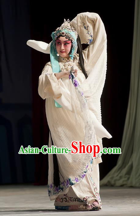 Chinese Beijing Opera Distress Maiden Garment Zhou Ren Xian Sao Costumes and Hair Accessories Traditional Peking Opera Tsing Yi White Dress Actress Apparels