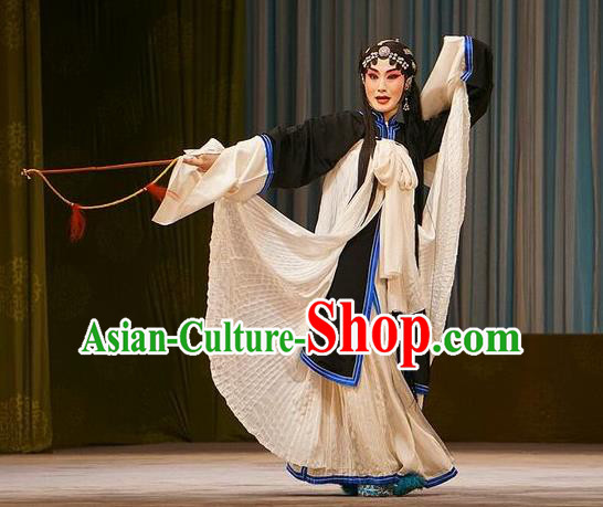 Chinese Beijing Opera Widow Zhao Jintang Garment Mu Yang Juan Costumes and Hair Accessories Traditional Peking Opera Tsing Yi Dress Distress Maiden Apparels