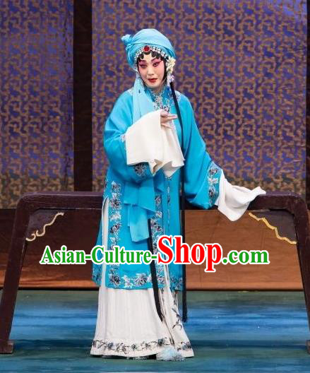 Chinese Beijing Opera Distress Maiden Garment Ye Zhu Lin Costumes and Hair Accessories Traditional Peking Opera Hua Tan Dress Actress Blue Apparels