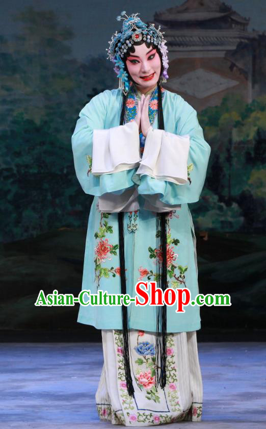 Chinese Beijing Opera Actress Young Female Garment Ye Zhu Lin Costumes and Hair Accessories Traditional Peking Opera Hua Tan Blue Dress Apparels