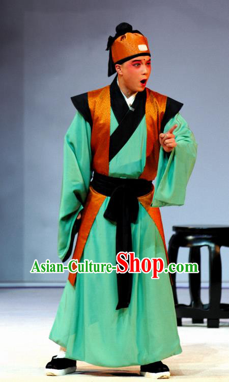 Tang Wan Chinese Peking Opera Young Man Apparels Costumes and Headpieces Beijing Opera Servant Green Garment Clothing
