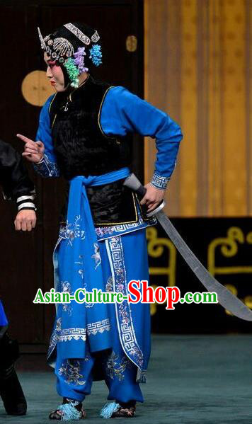 Chinese Beijing Opera Martial Female Garment Ci Ba Jie Costumes and Hair Accessories Traditional Peking Opera Actress Dress Swordswoman Ma Jinding Apparels