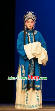 Chinese Beijing Opera Young Female Garment Legend of Xu Mu Costumes and Hair Accessories Traditional Peking Opera Actress Blue Dress Apparels