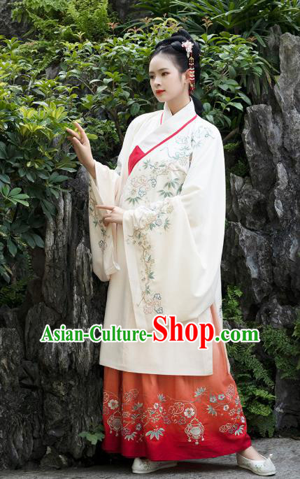 Traditional Chinese Ancient Patrician Lady Embroidered Hanfu Dress Garment Ming Dynasty Historical Costumes Long Blouse and Skirt for Women