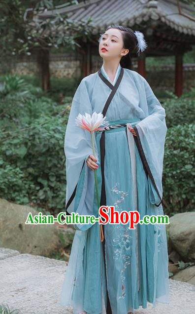 Chinese Traditional Jin Dynasty Embroidered Blue Hanfu Dress Garment Ancient Royal Princess Historical Costumes for Women