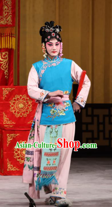 Chinese Beijing Opera Maid Lady Garment Jin Yunu Costumes and Hair Accessories Traditional Peking Opera Servant Girl Dress Xiaodan Blue Apparels