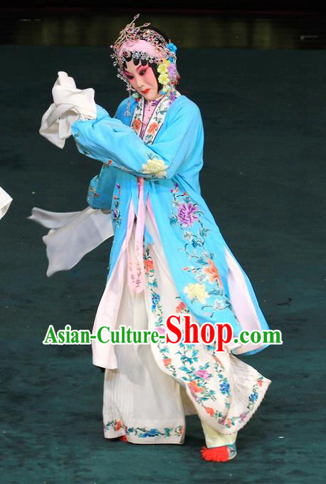Chinese Beijing Opera Diva Garment Costumes and Hair Accessories Traditional Peking Opera Hua Tan Dress Actress Jin Yunu Blue Apparels