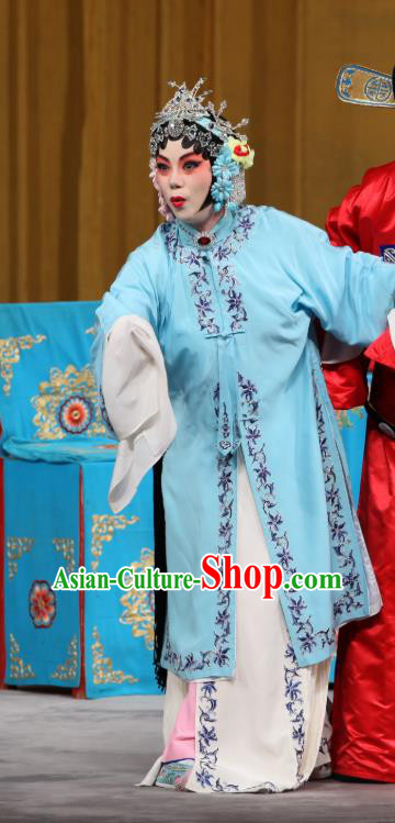 Chinese Beijing Opera Hua Tan Garment Jin Yunu Costumes and Hair Accessories Traditional Peking Opera Young Lady Blue Dress Actress Apparels