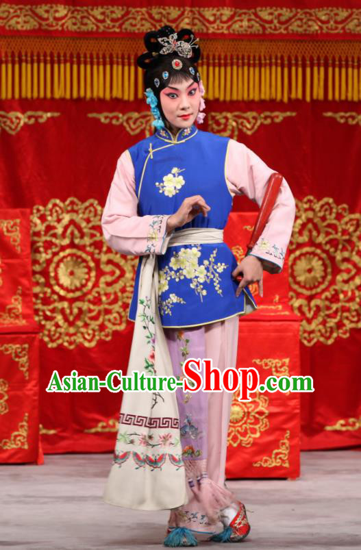 Chinese Beijing Opera Servant Girl Blue Garment Jin Yunu Costumes and Hair Accessories Traditional Peking Opera Xiaodan Dress Maid Lady Apparels