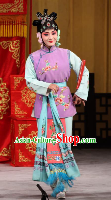 Chinese Beijing Opera Servant Girl Garment Jin Yunu Costumes and Hair Accessories Traditional Peking Opera Xiaodan Dress Maid Lady Purple Apparels