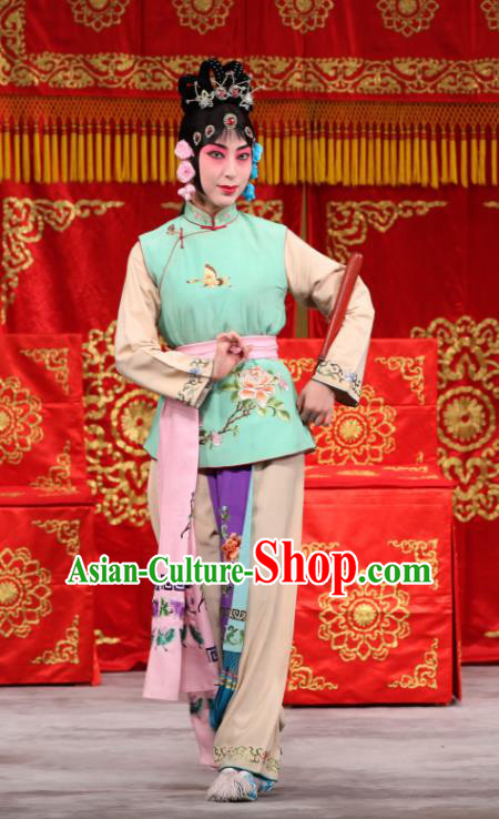 Chinese Beijing Opera Xiaodan Servant Girl Garment Jin Yunu Costumes and Hair Accessories Traditional Peking Opera Dress Maid Lady Green Apparels